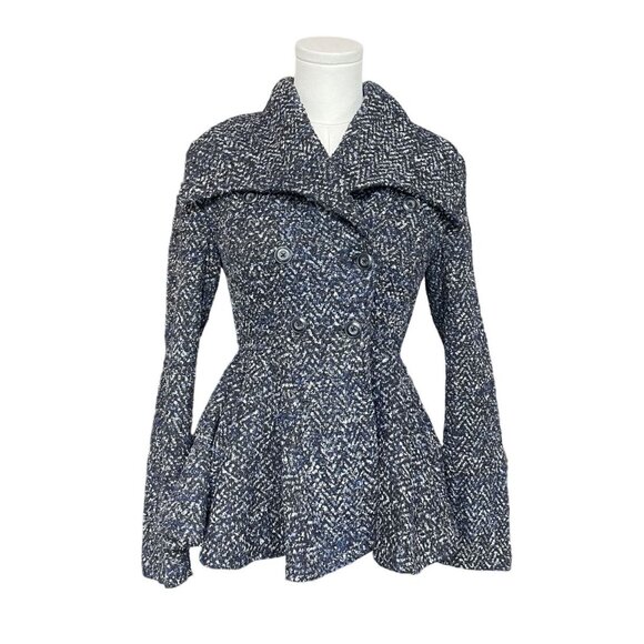 Free People Peplum Tweed Pea Coat Jacket Blue Gray Size 2 X-Small Academia - Picture 1 of 8